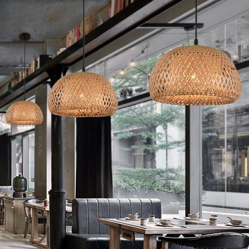 Bamboo Lantern Pendant Lamp Natural Rattan Wicker E27 LED Chandeliers Hand-Woven Lampshades Lighting Fixture Hanging Light