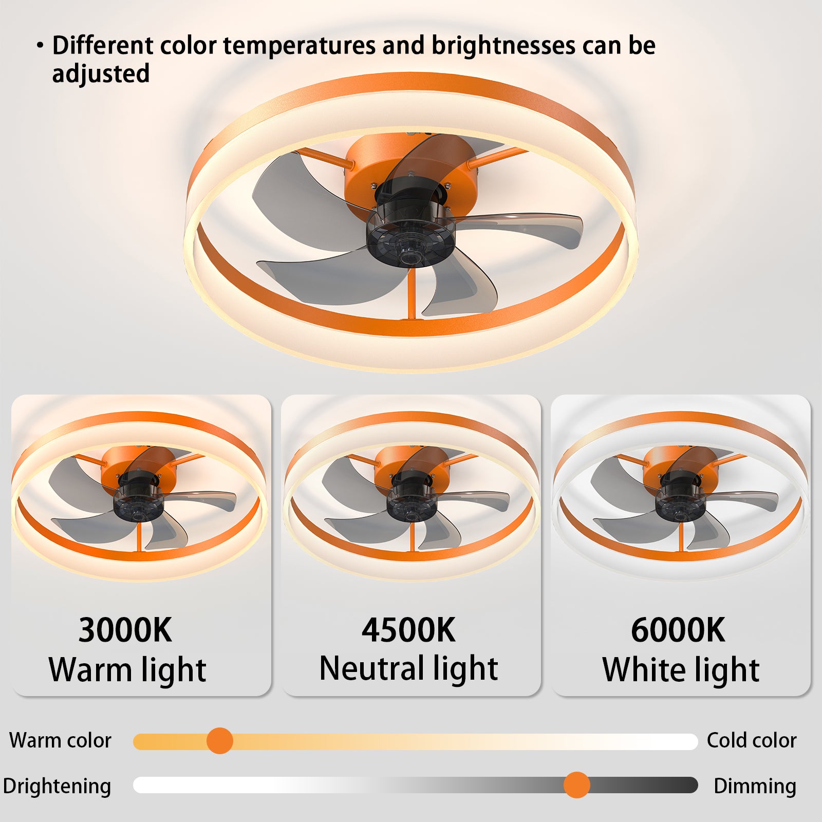ARLGSITE Orange Modern Ceiling Fan with LED Light, Low-Profile Flush Mount,6-Speed Adjustable, Ideal for Bedroom and Living Room