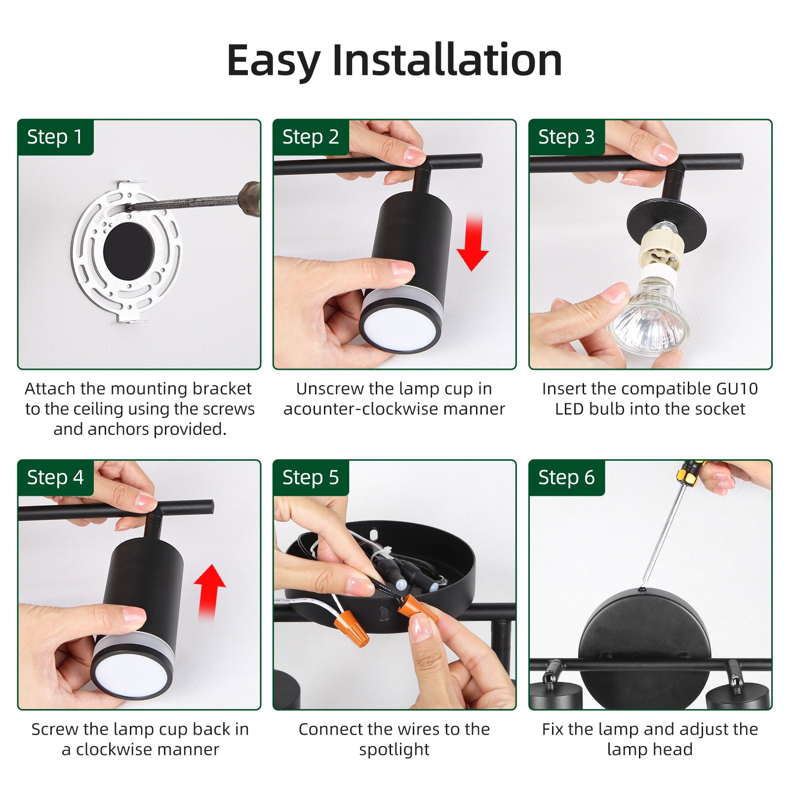 GU10 LED Spotlight Black Track Fixture Ceiling Light Rotatable 6 Heads Protective Lamp Decor Indoor for Living Room Track Light