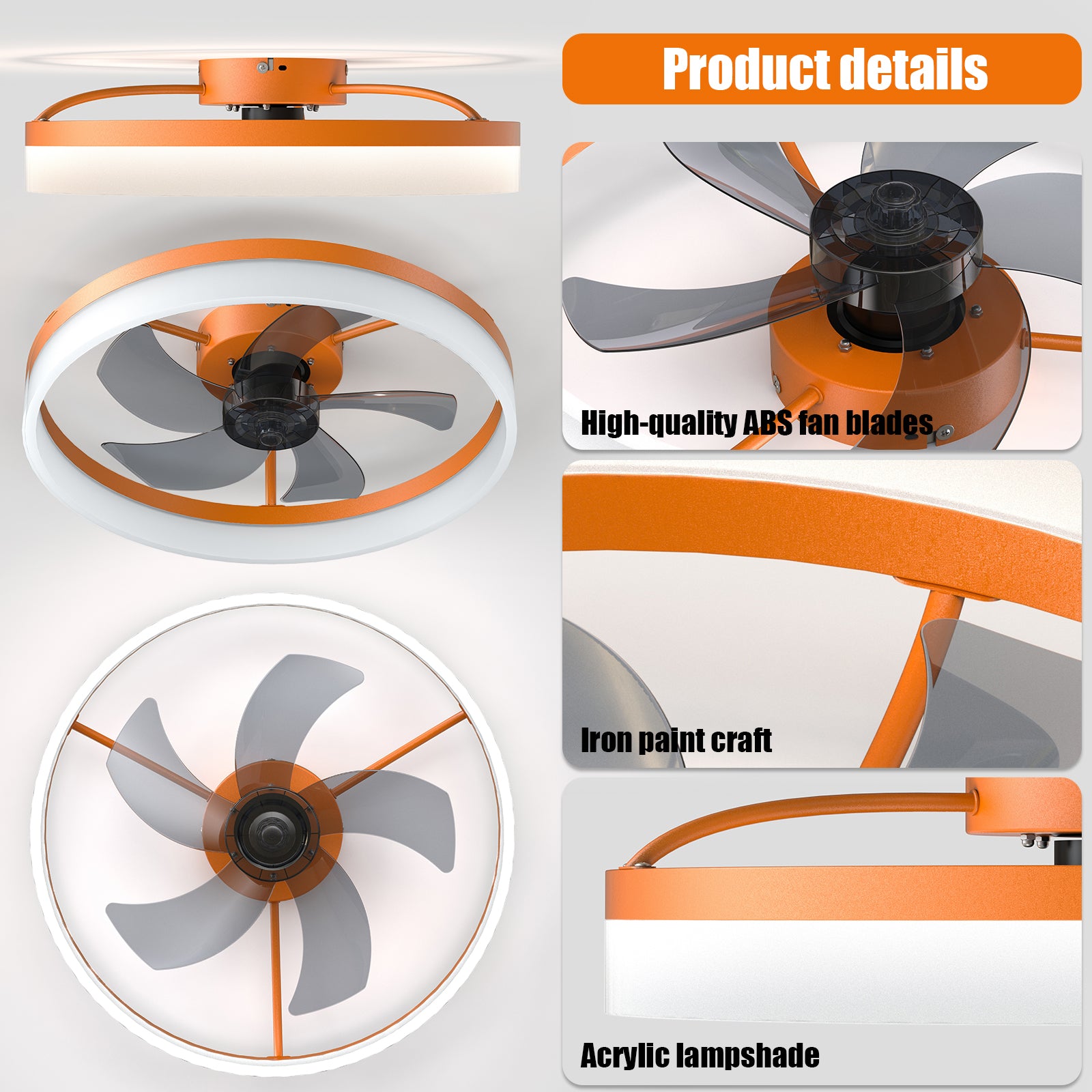 ARLGSITE Orange Modern Ceiling Fan with LED Light, Low-Profile Flush Mount,6-Speed Adjustable, Ideal for Bedroom and Living Room