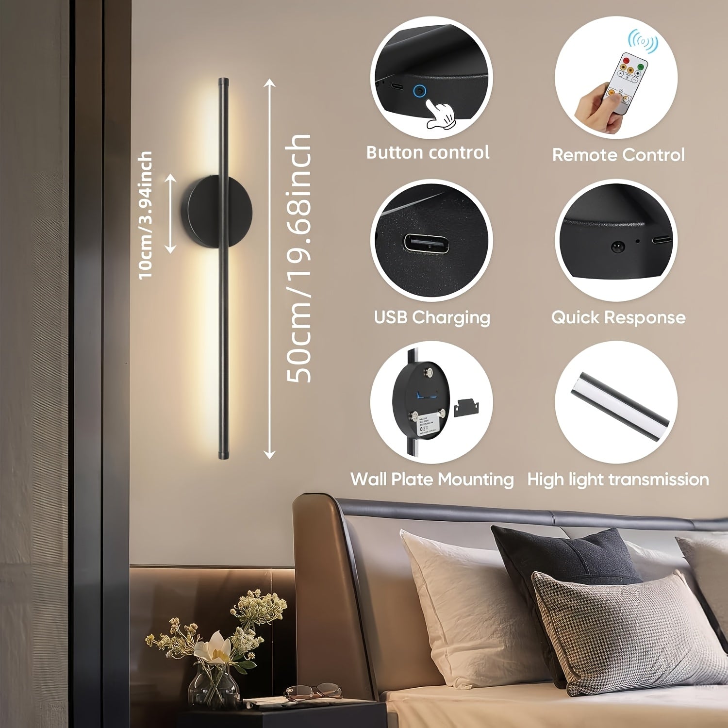 1pc rechargeable wall lights battery operated wall sconce Wireless LED light 5v with remote control bedroom living room